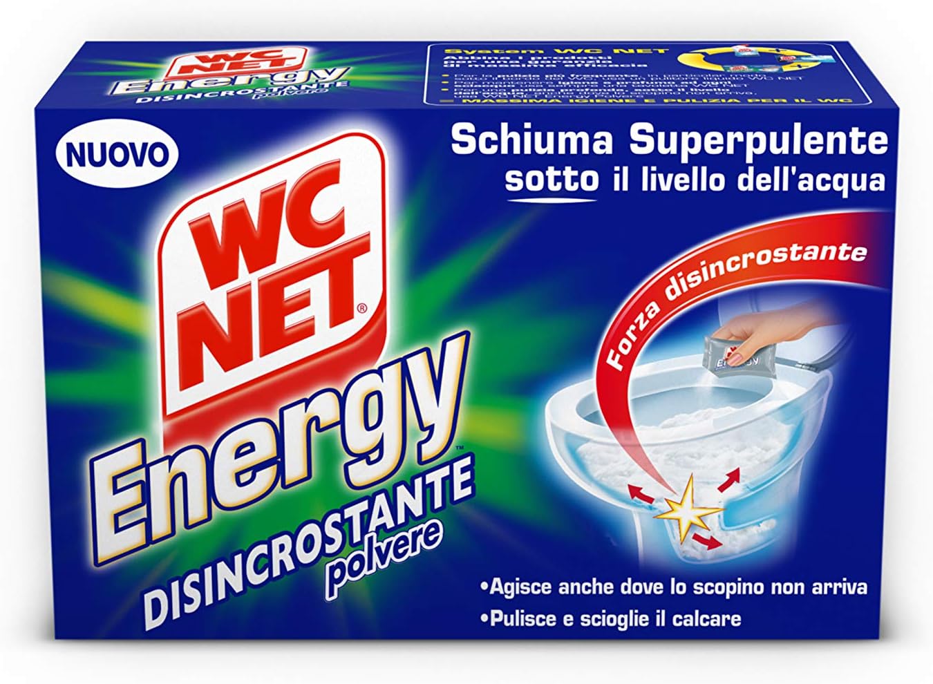 Wc Net - Energy descalcificador, limpiador antical en polvo para WC, espuma autolimpiante, 4 sobres x 1 paquete