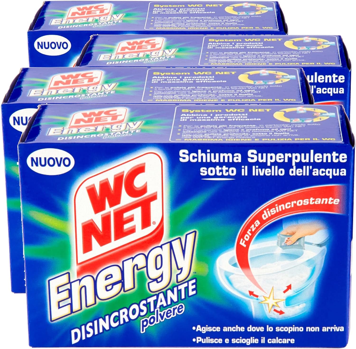 Wc Net - Energy Desincrustante, limpiador antical en polvo para inodoro, espuma autolimpiante, 4 bolsas x 4 paquetes